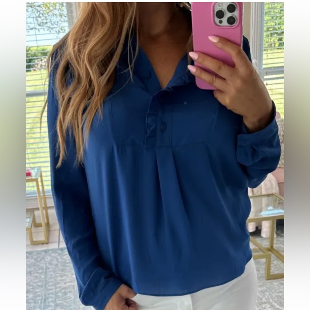 J.Crew Long Sleeve Top with Ruffles Blue Blouse 6 Womens